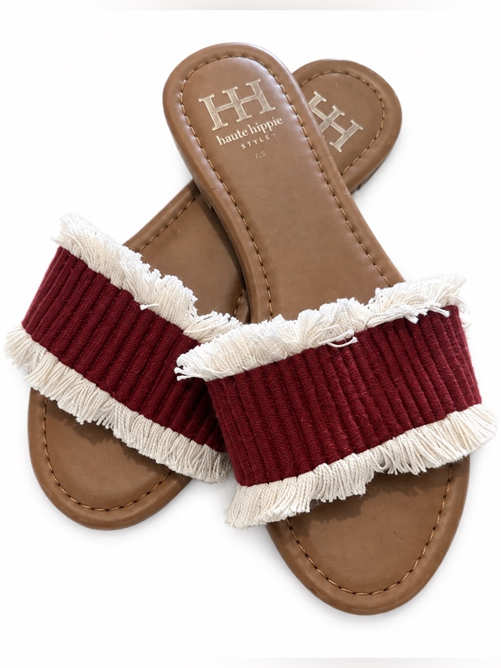 Haute Hippie Burgundy and Cream Fringe Slide Sandals